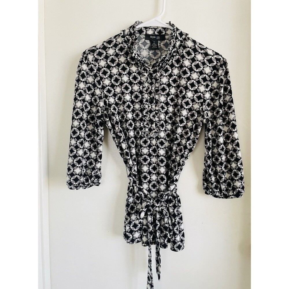 Style & Co. Petites M Tunic Blouse Black White Geometric V-Neck 3/4 Ruffle